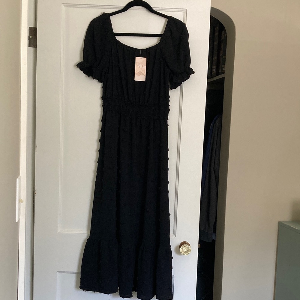 Women's Black Puff Sleeve Maxi Dress - Classic Square Neck